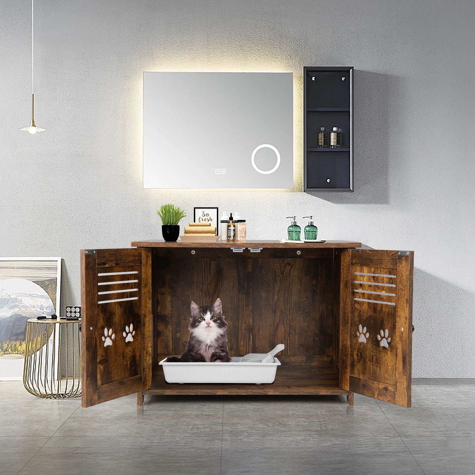 Cat Litter Box Enclosure with Double Louvered Doors, Side Entrance
