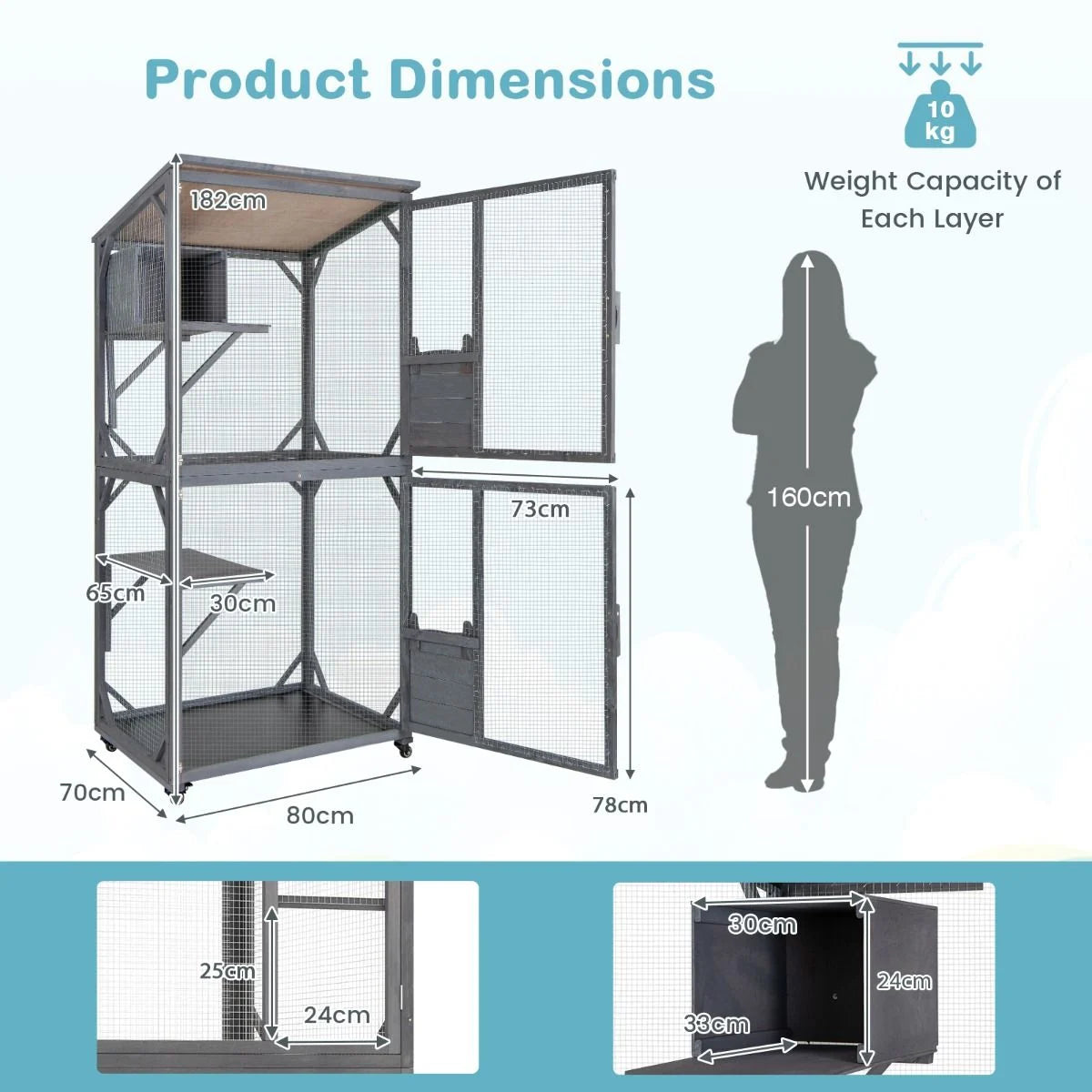 182 Cm Tall Outdoor Catio Kitten Enclosure with Weatherproof Asphalt Roof