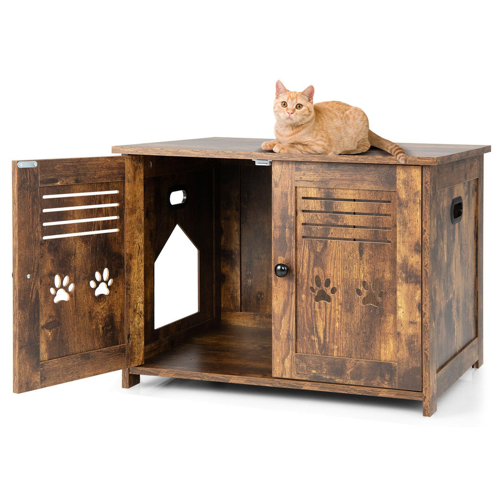Cat Litter Box Enclosure with Double Louvered Doors, Side Entrance