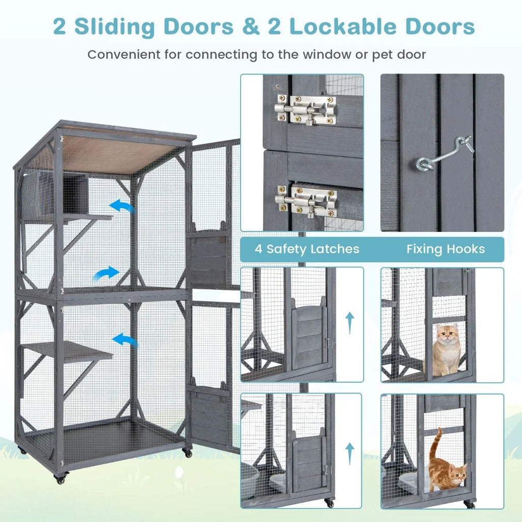 182 Cm Tall Outdoor Catio Kitten Enclosure with Weatherproof Asphalt Roof