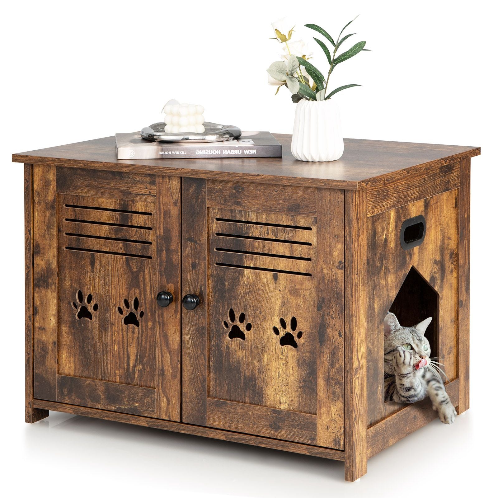 Cat Litter Box Enclosure with Double Louvered Doors, Side Entrance