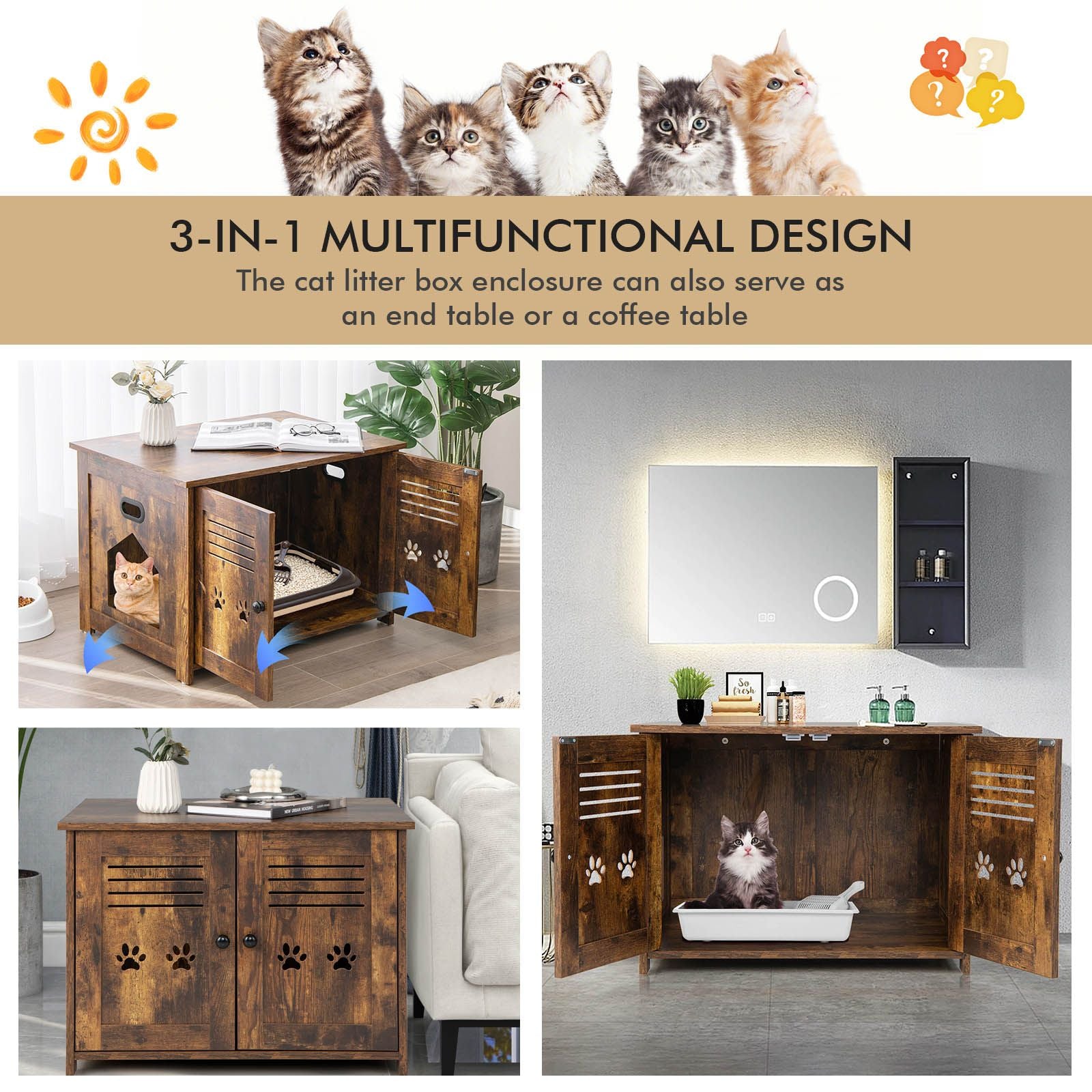 Cat Litter Box Enclosure with Double Louvered Doors, Side Entrance