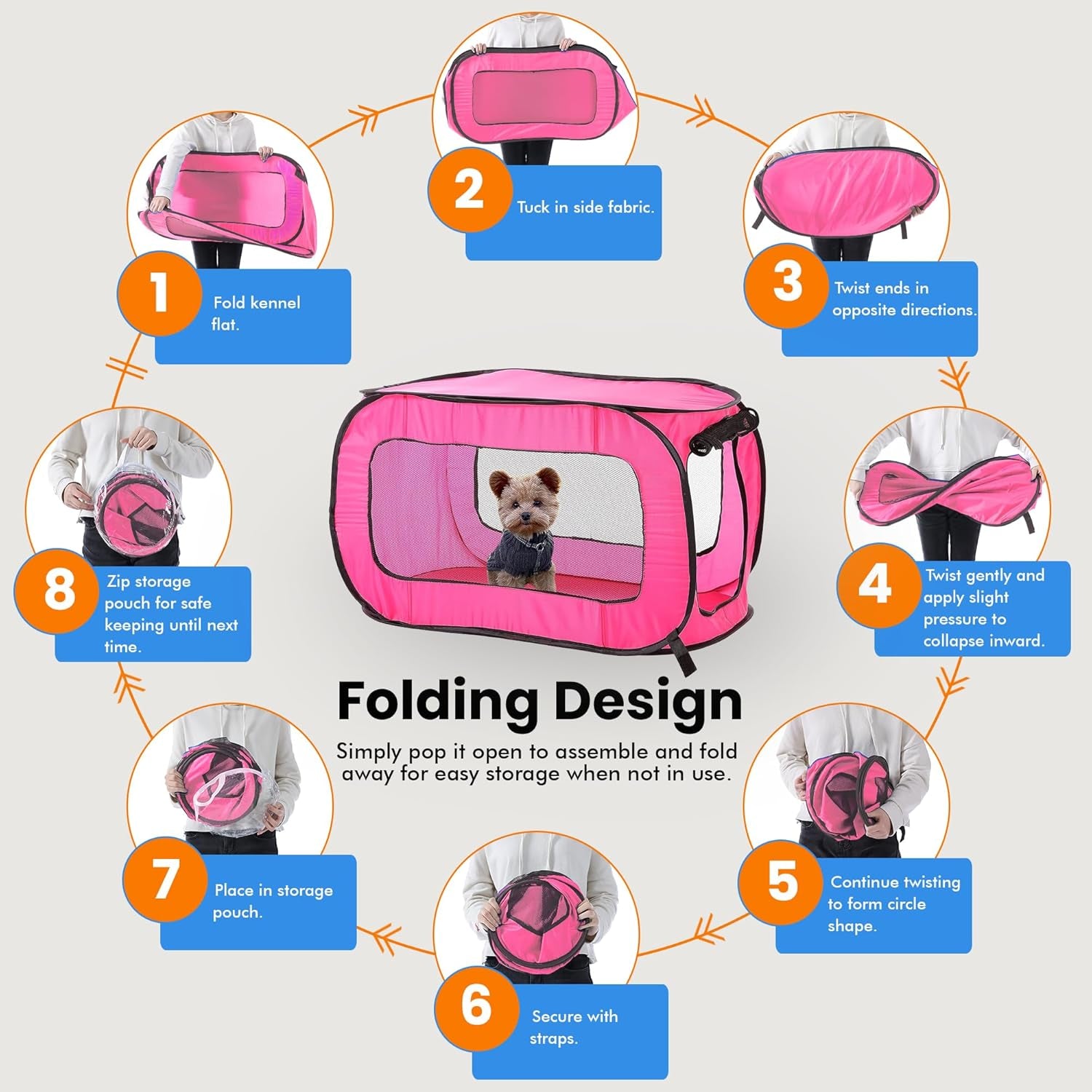 Portable, Collapsible, Pop up Kennel Travel Cat and Dog Crate, 32.5" L X 19.5" W X 19.5" H, Fuchsia