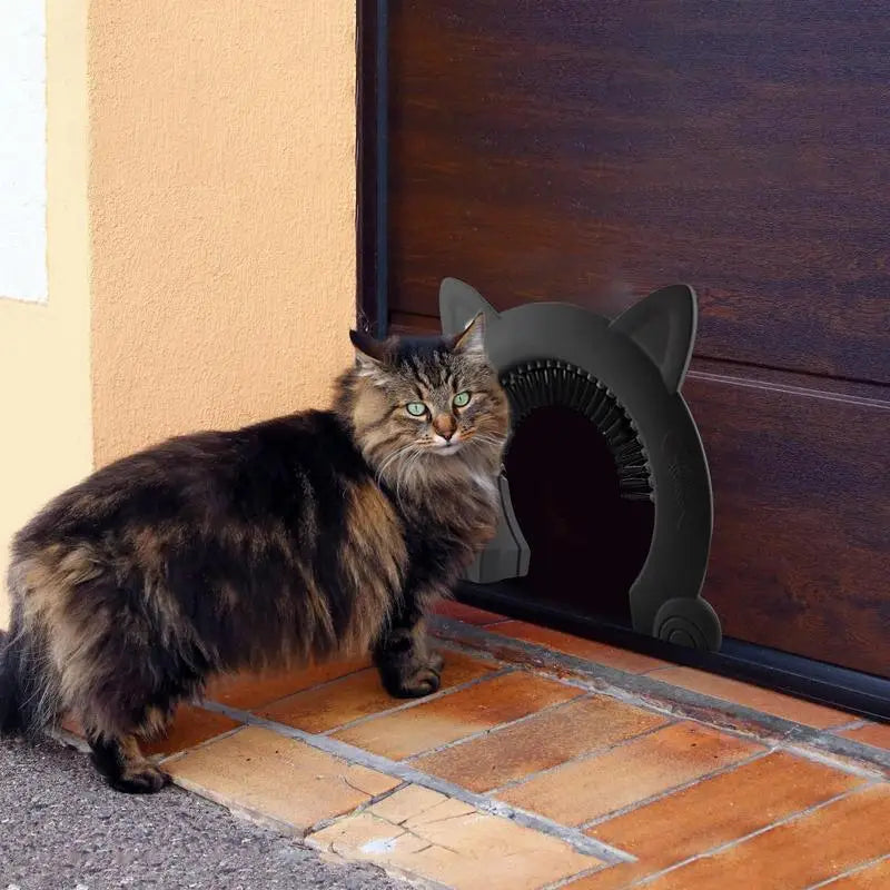 Cat Flap Door with Built-In Grooming Brush — L & XL, Black & White