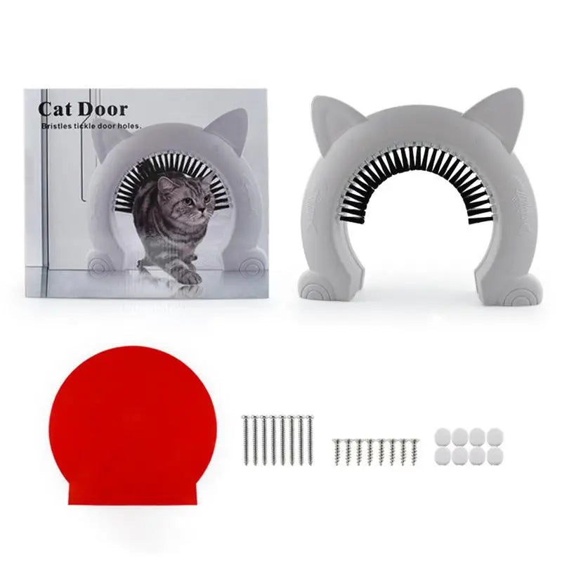 Cat Flap Door with Built-In Grooming Brush — L & XL, Black & White