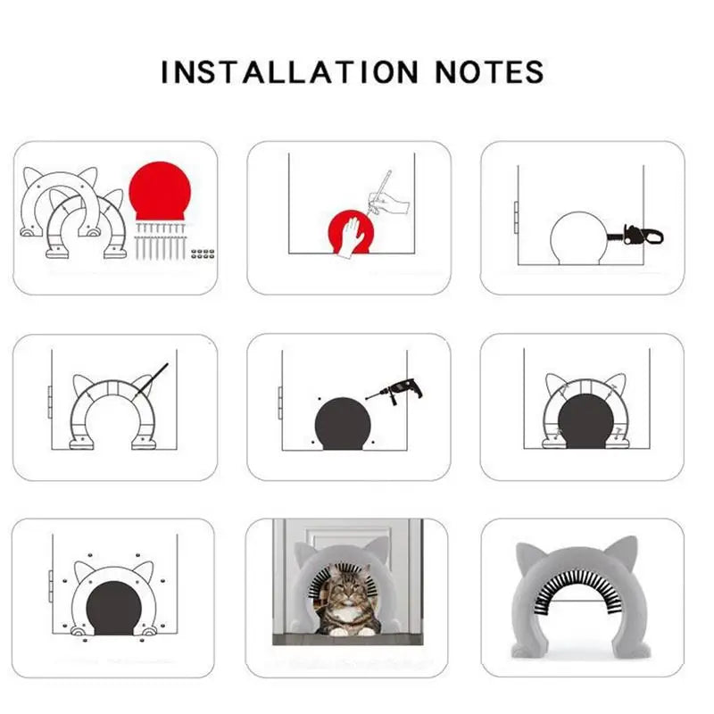 Cat Flap Door with Built-In Grooming Brush — L & XL, Black & White