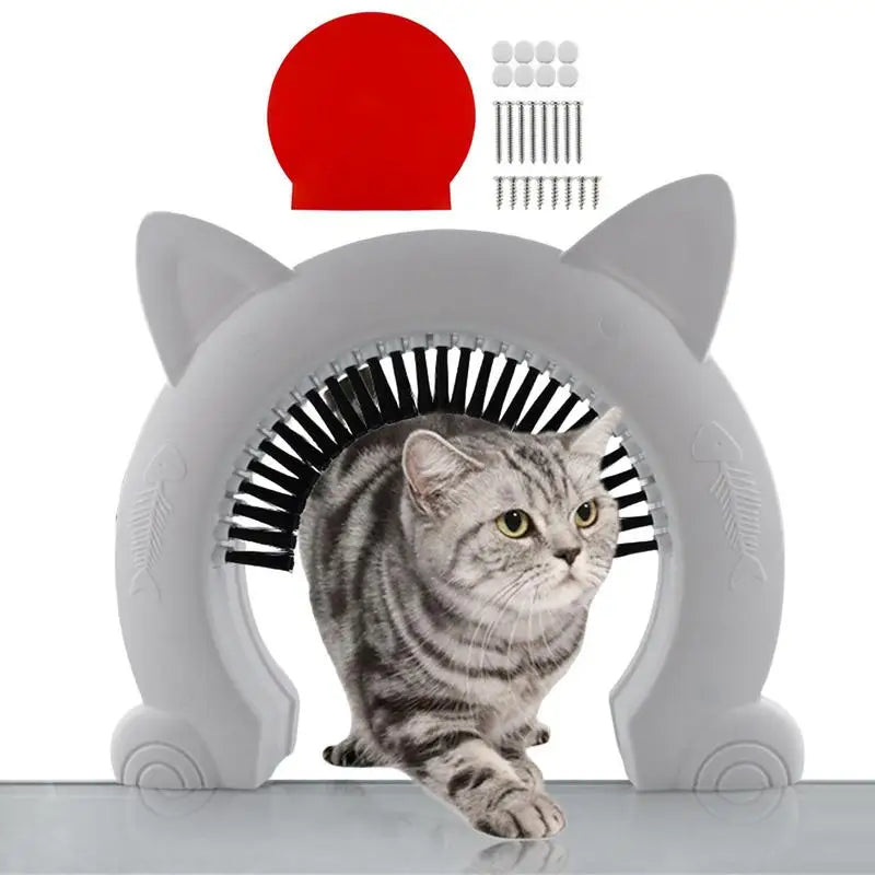 Cat Flap Door with Built-In Grooming Brush — L & XL, Black & White