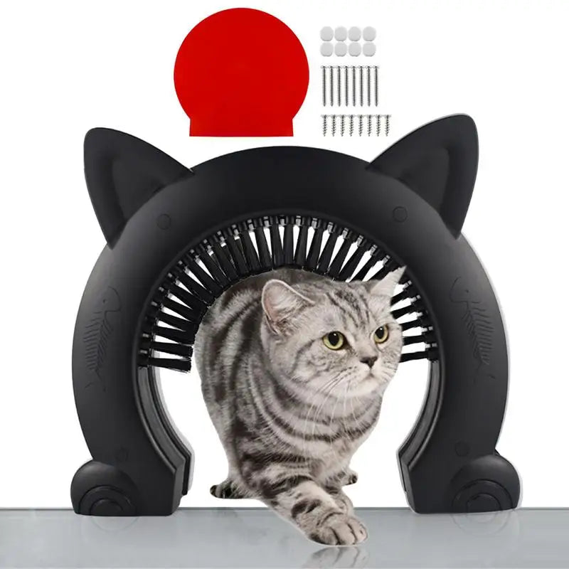 Cat Flap Door with Built-In Grooming Brush — L & XL, Black & White