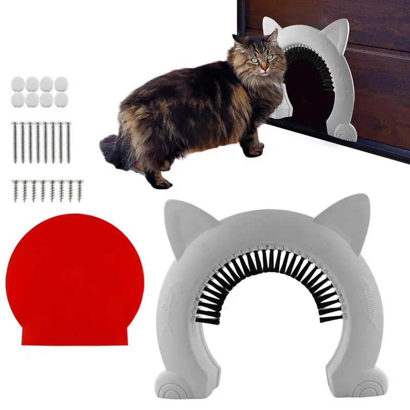 Cat Flap Door with Built-In Grooming Brush — L & XL, Black & White