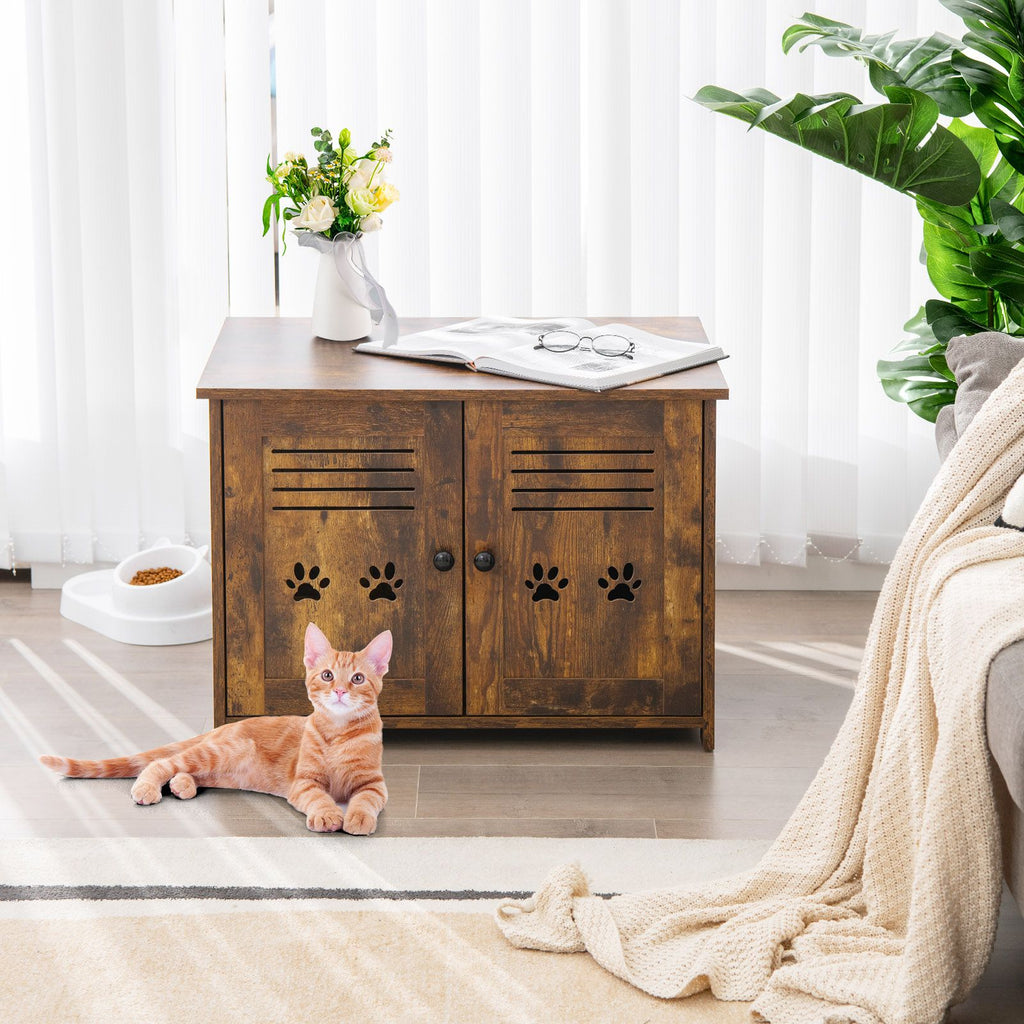 Cat Litter Box Enclosure with Double Louvered Doors, Side Entrance