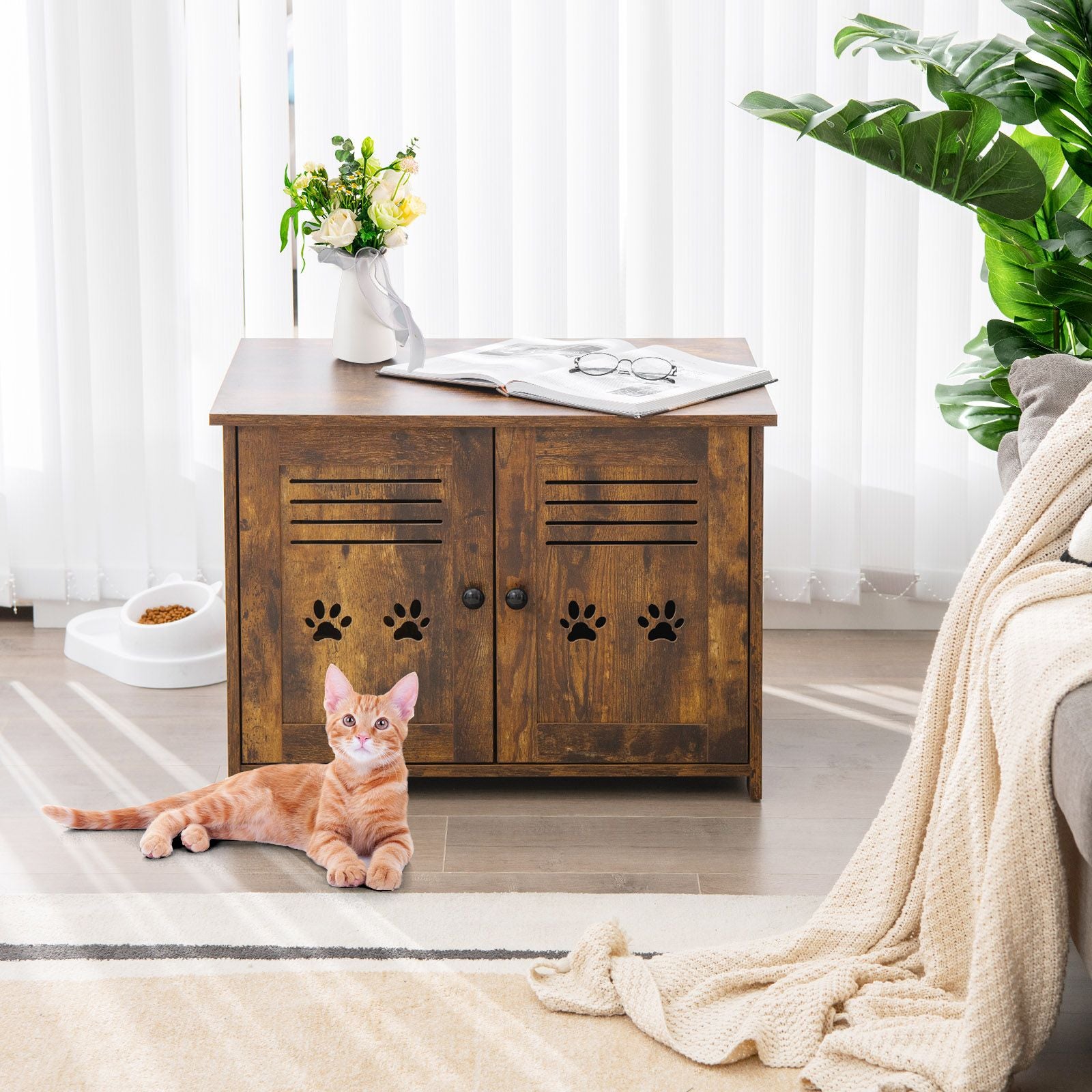Cat Litter Box Enclosure with Double Louvered Doors, Side Entrance