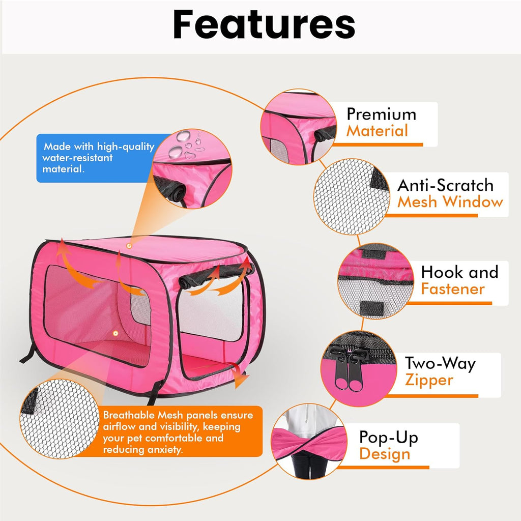 Portable, Collapsible, Pop up Kennel Travel Cat and Dog Crate, 32.5" L X 19.5" W X 19.5" H, Fuchsia