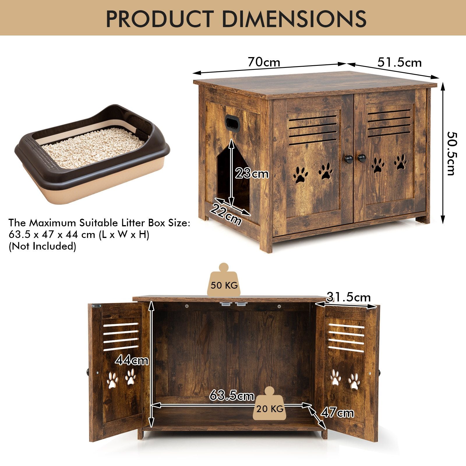 Cat Litter Box Enclosure with Double Louvered Doors, Side Entrance