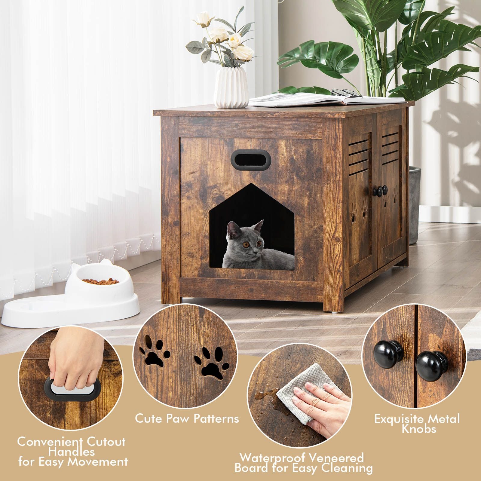 Cat Litter Box Enclosure with Double Louvered Doors, Side Entrance