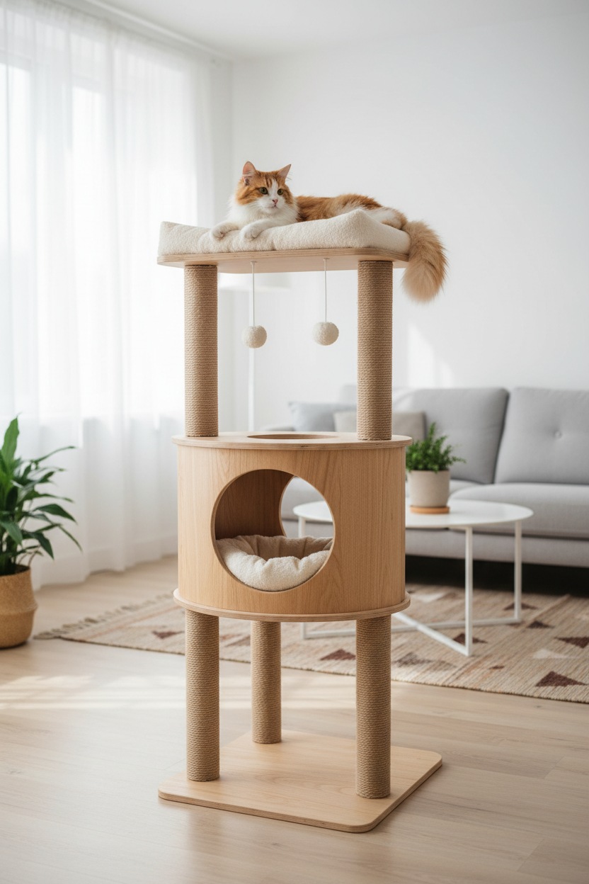 Fluffy cat lounging on a 163cm multi-level cat tree with two condos in a modern living room