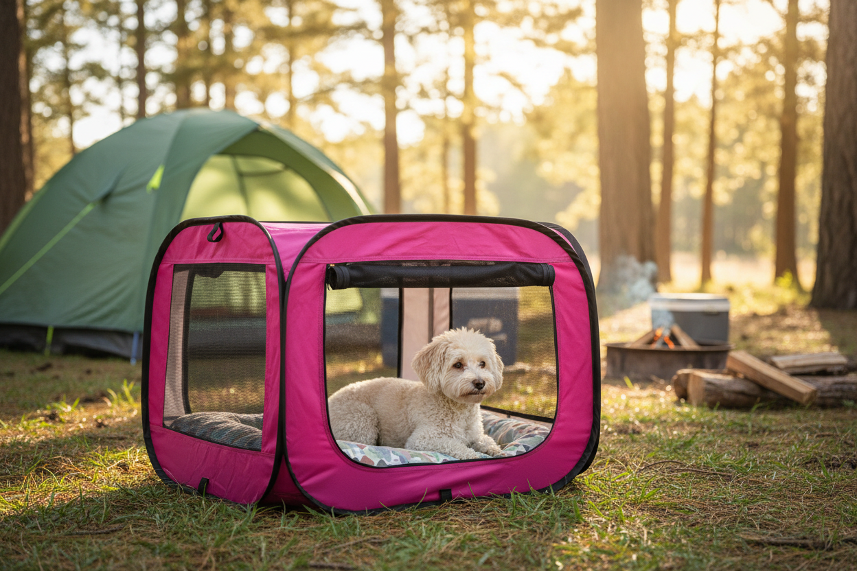 Fuchsia pop-up collapsible pet travel kennel set up at a campsite with a small dog relaxing inside
