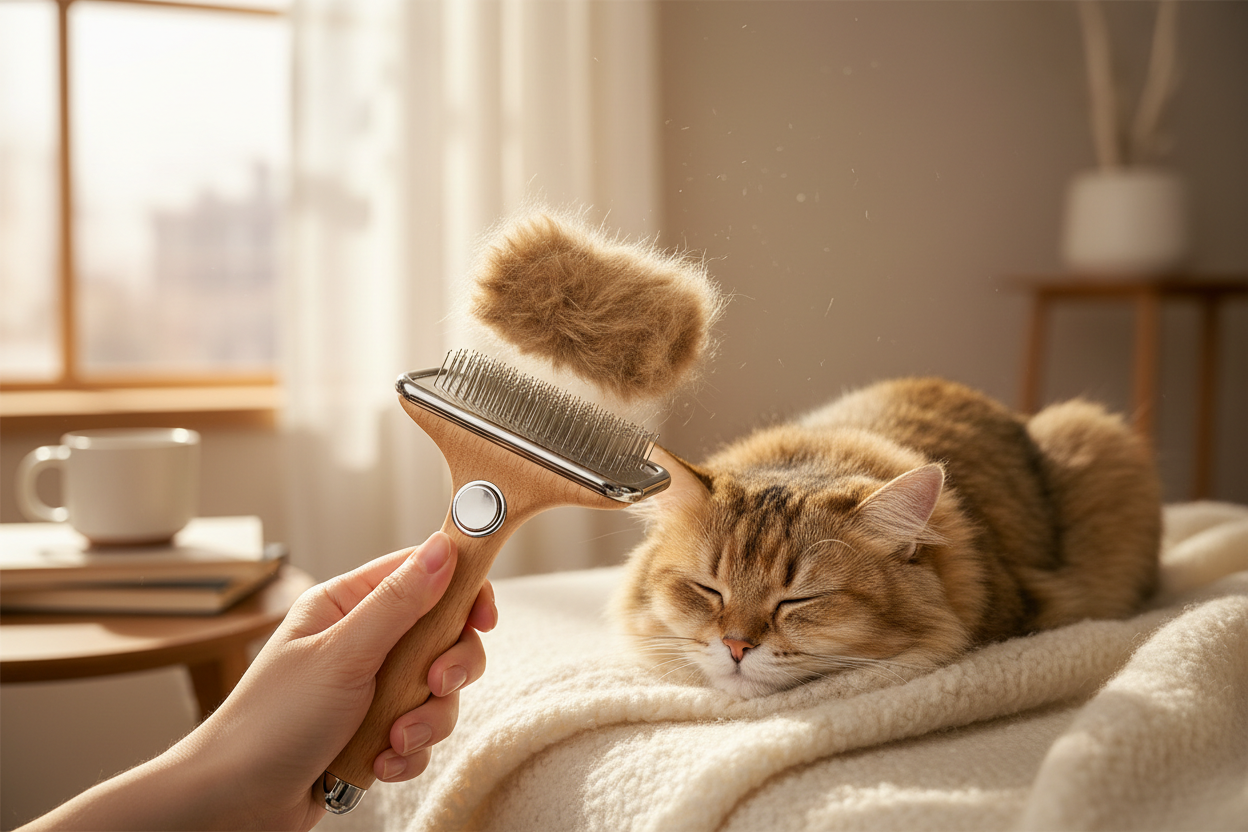 Owner pressing the self-cleaning button on a slicker brush releasing collected fur while a relaxed cat is being groomed
