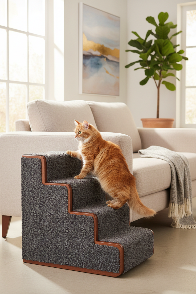Fluffy cat confidently climbing a grey 4-step carpeted pet stair ladder next to a modern sofa