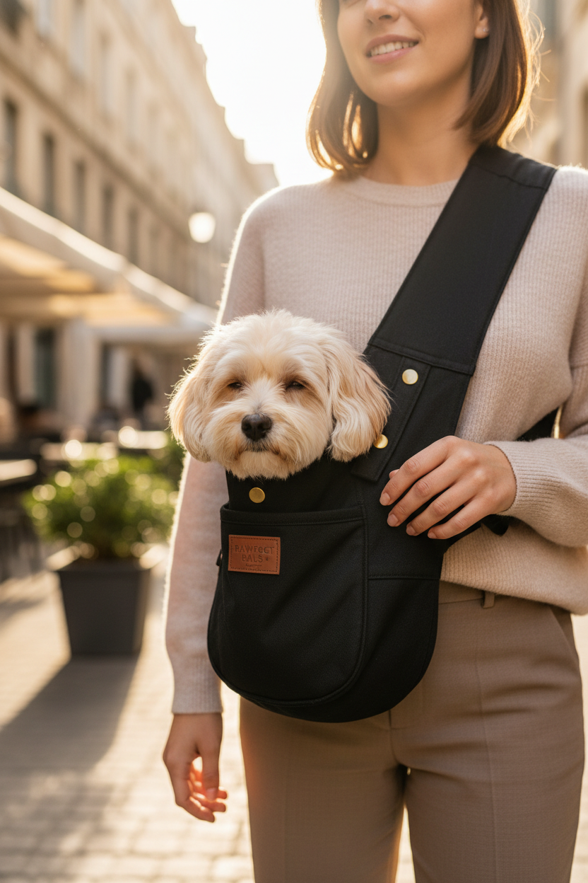 Person wearing a black pet carrier sling with a small cat nestled inside while walking on a sunny street