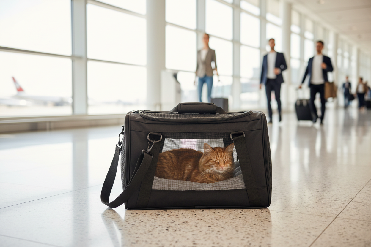 Black foldable soft-sided airline-approved pet carrier with a calm cat visible through the mesh panels at an airport
