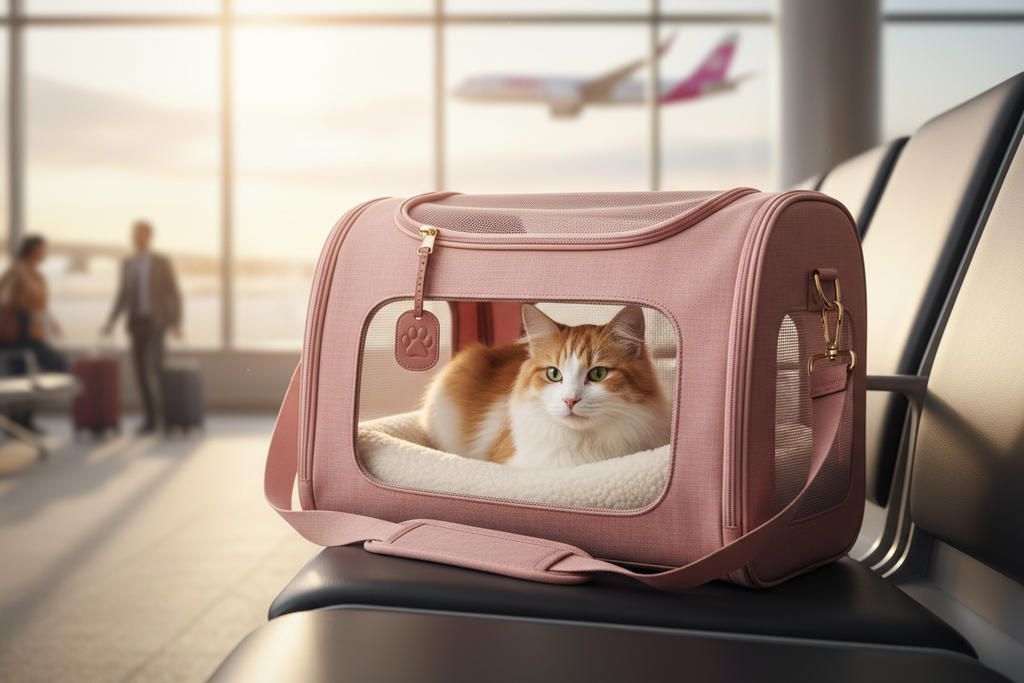 Pink airline-approved soft pet carrier with a calm cat visible through the mesh window at an airport