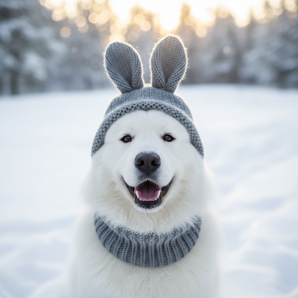 Fluffy large dog wearing a cozy grey knitted winter hat with rabbit ears in a snowy outdoor setting