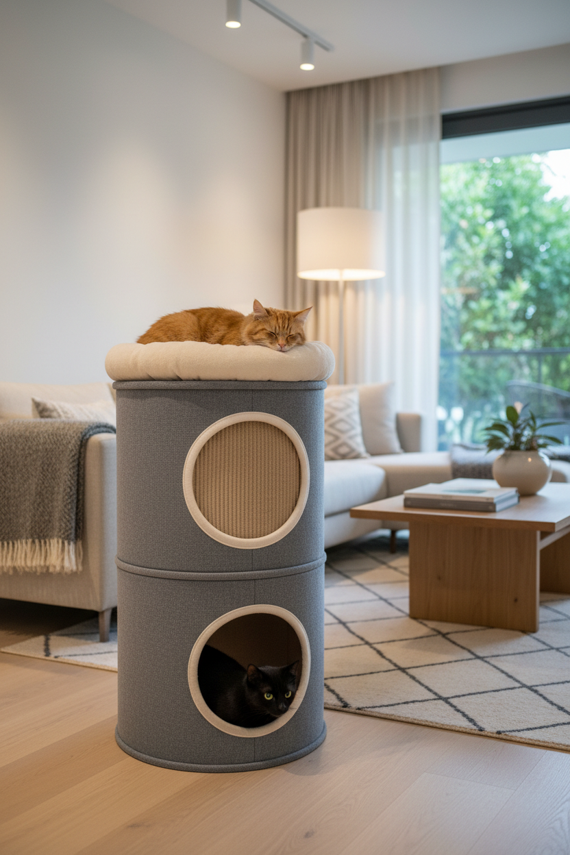Two cats using a grey barrel-shaped 3-story cat condo with top perch and den openings in a modern living room