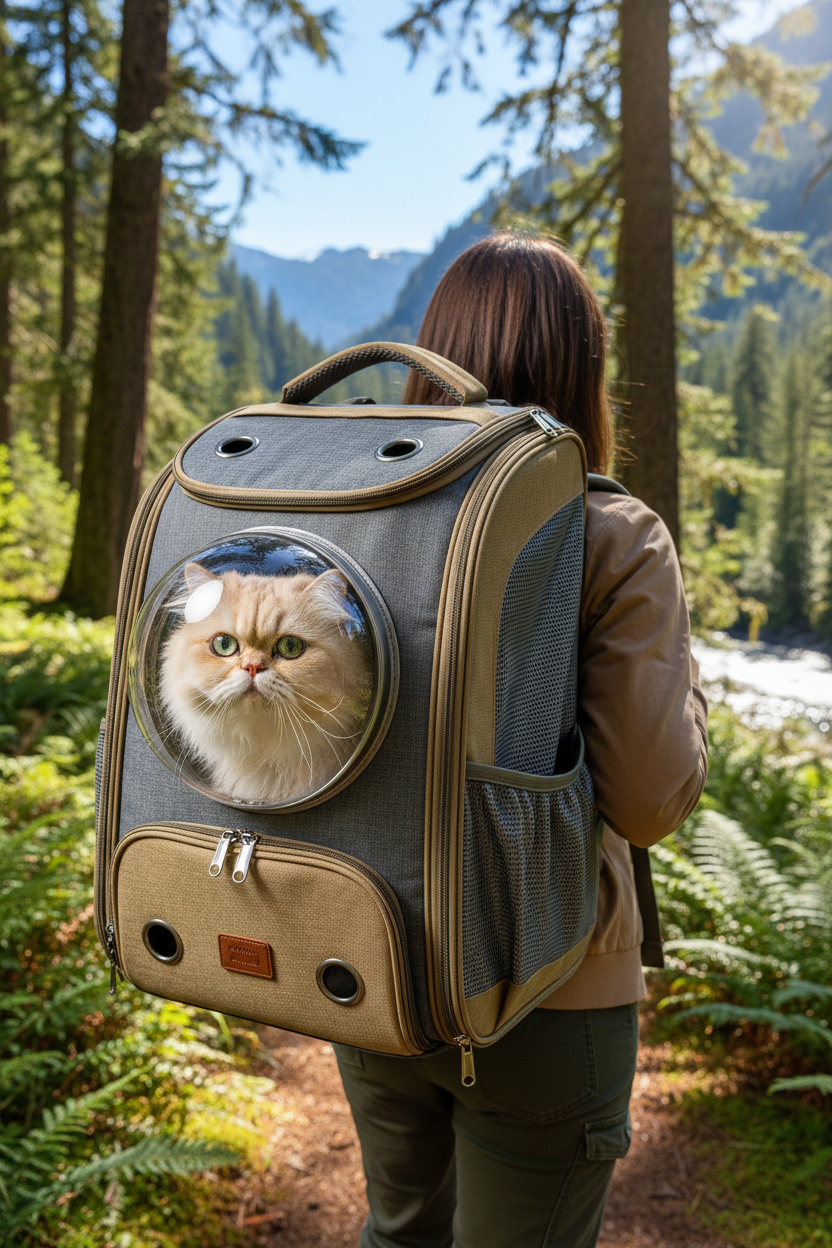 Person wearing a large expandable cat backpack carrier on a nature trail with a cat peering out through the bubble window