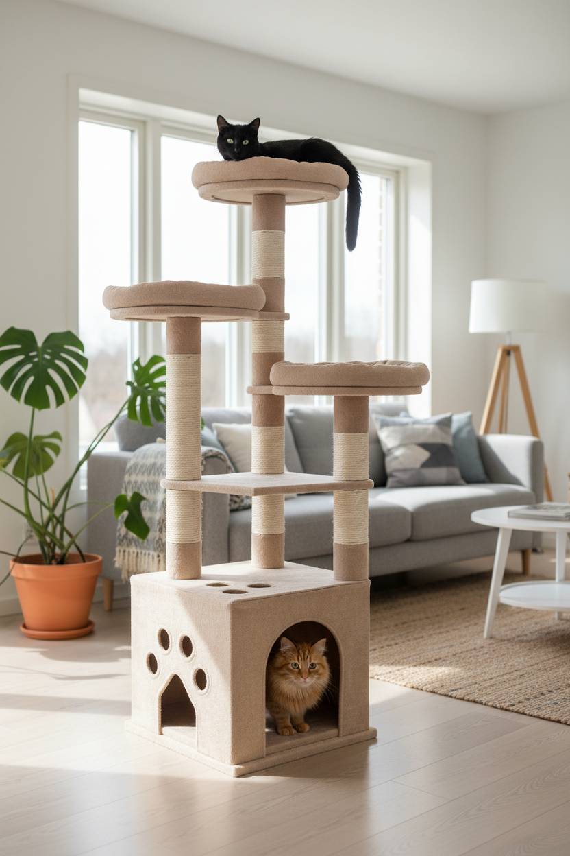 Two cats using a 5-tier beige cat tree tower with condo and plush perches in a modern living room