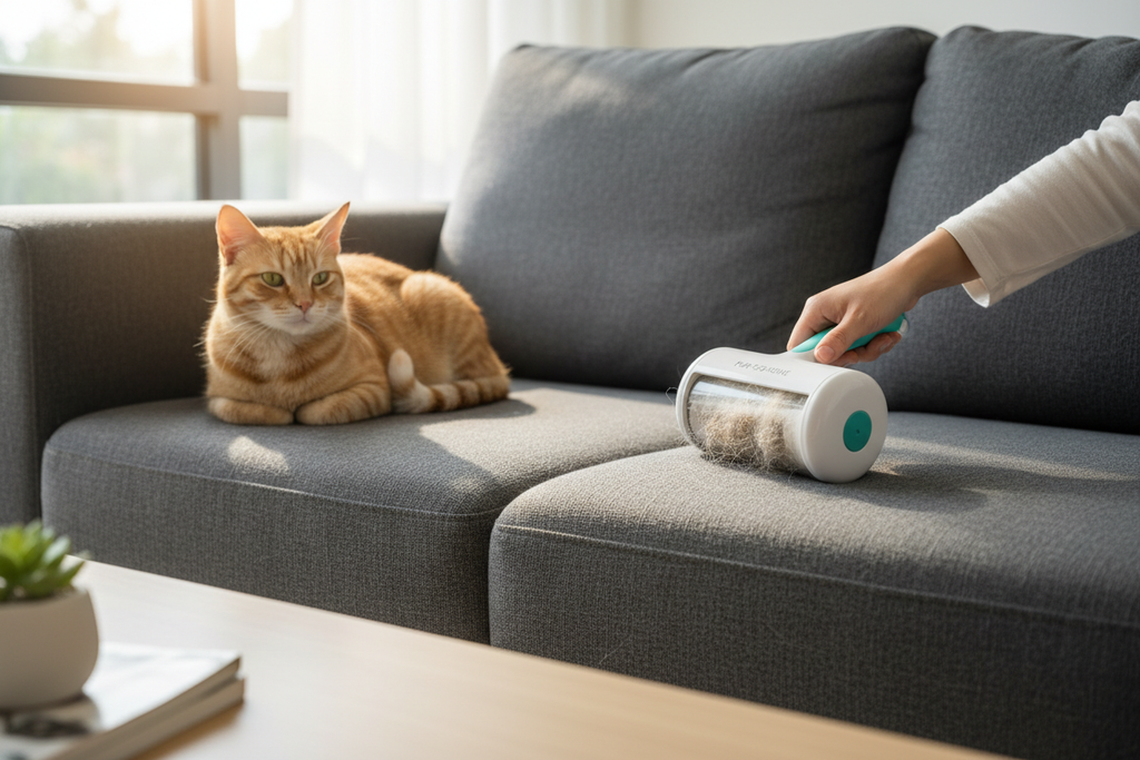 Reusable pet hair remover roller collecting cat fur from a dark grey sofa with a cat sitting nearby
