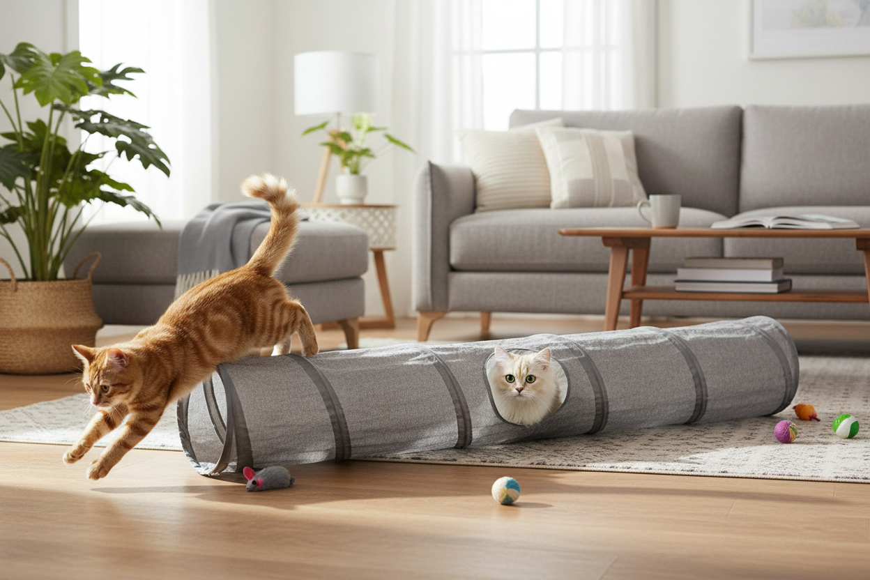 Tabby cat diving into a grey collapsible cat tunnel toy while another cat peeks out from the observation window