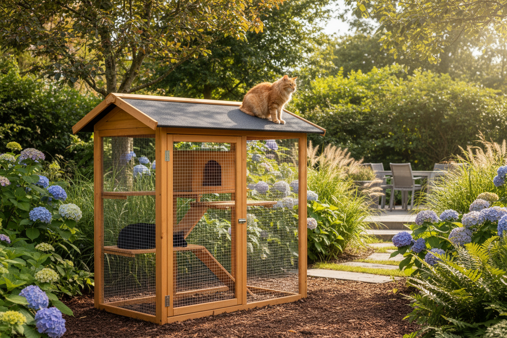 Two cats inside and on top of a large 182cm outdoor wooden catio with weatherproof roof in a sunny garden
