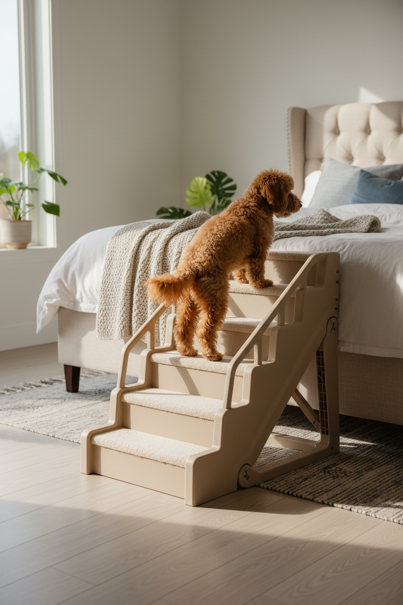 Small dog confidently walking up beige foldable 4-step pet stairs with side rails next to a high bed